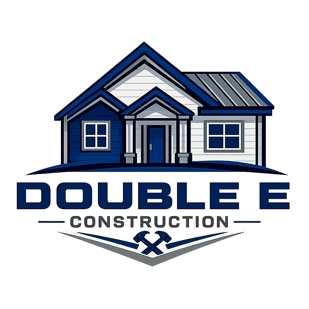 Company logo for Double E Construction featuring a blue and white house illustration above the text 'DOUBLE E CONSTRUCTION' with a crossed hammer motif underneath.